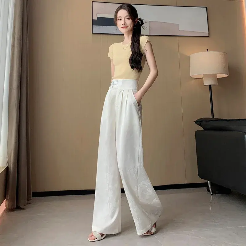 New Chinese Style Wide Leg Pants Women's Spring Summer Ice Silk Satin High Waist Versatile Casual Floor Length Trousers