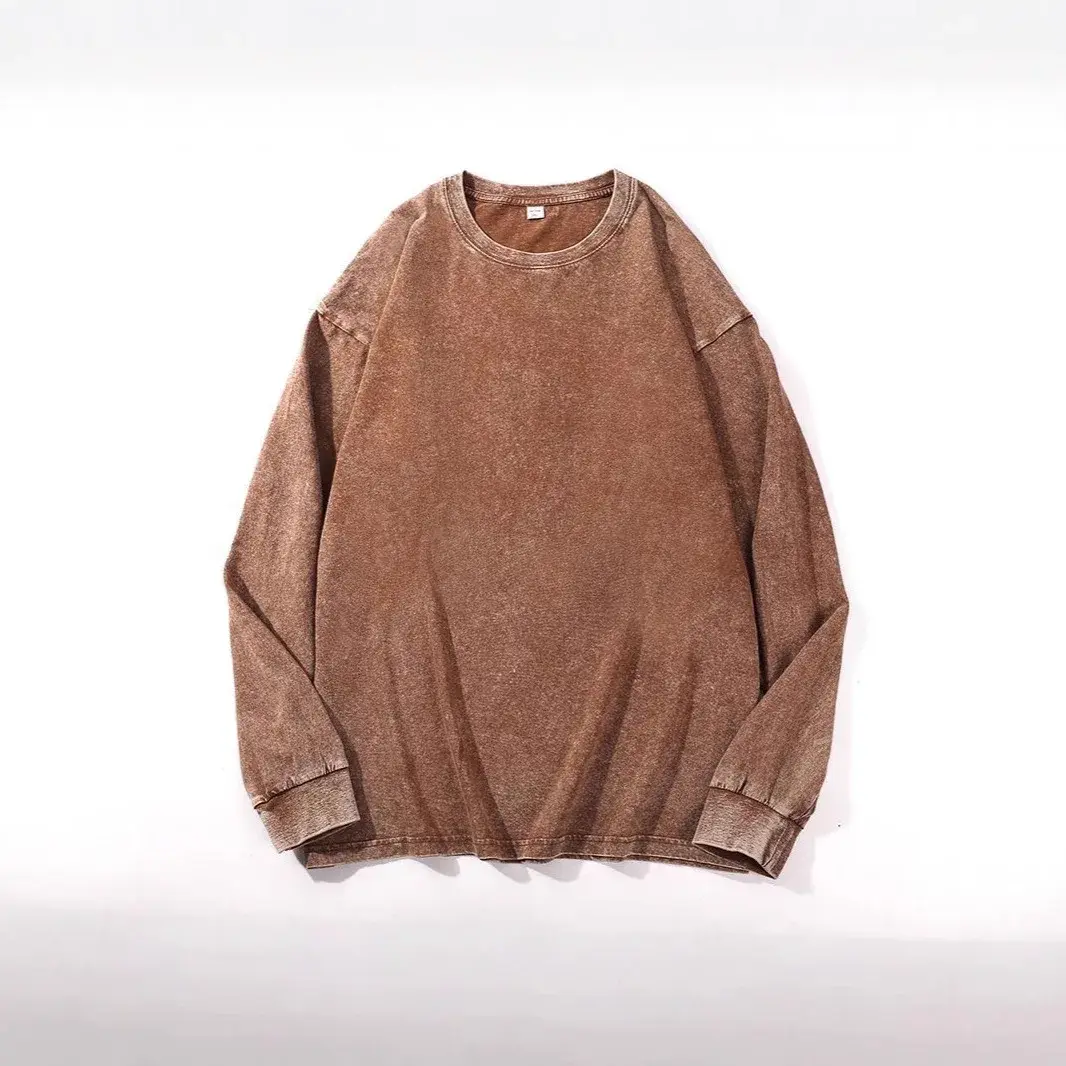 Retro American Washed Cotton Long Sleeve T-Shirt Loose Fit Crew Neck Casual Top Breathable Spring Wear Made in China