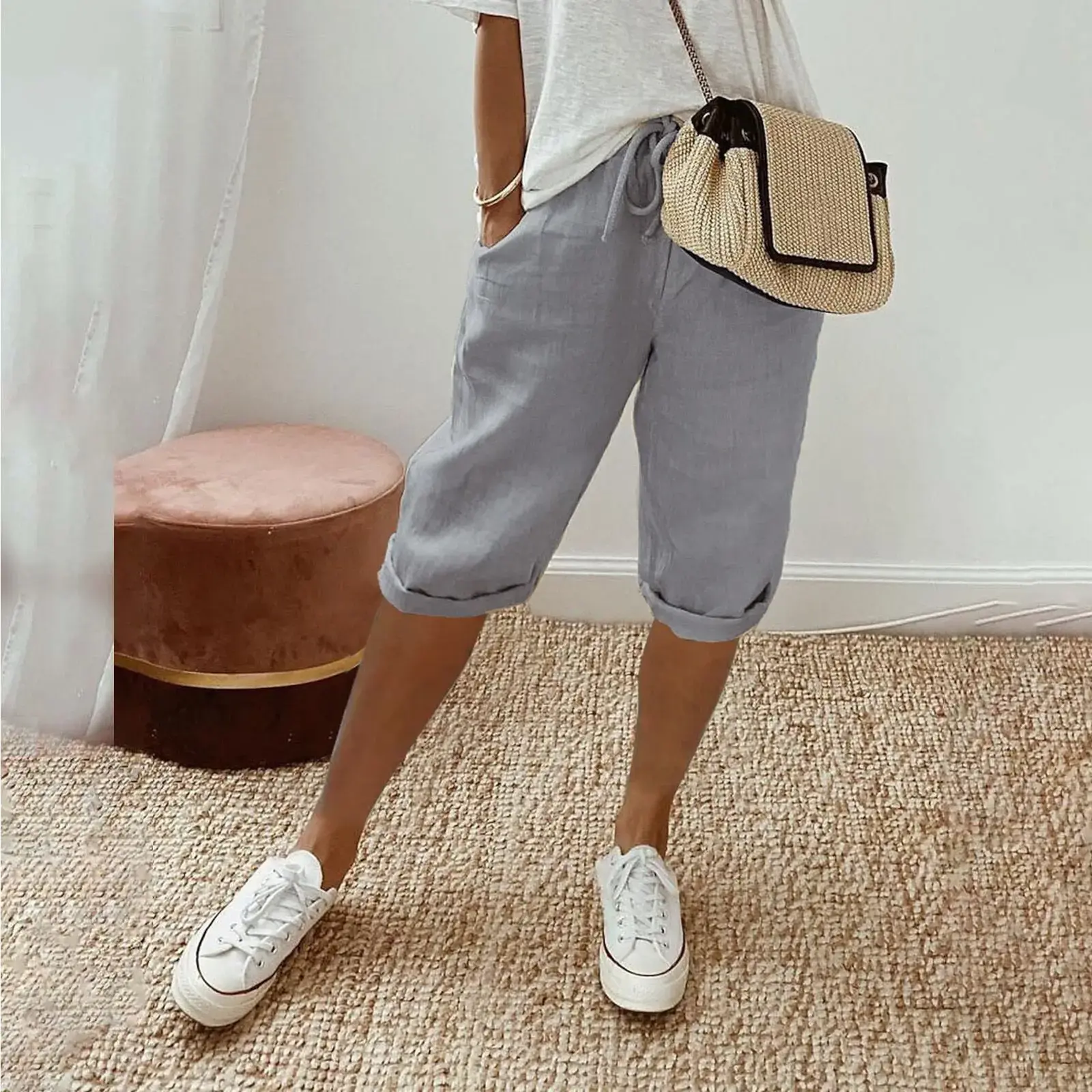 Casual Cotton Linen Women's Pants Elastic Waist Five-Quarter Length with Pockets Comfortable Loose Fit Trousers for Ladies