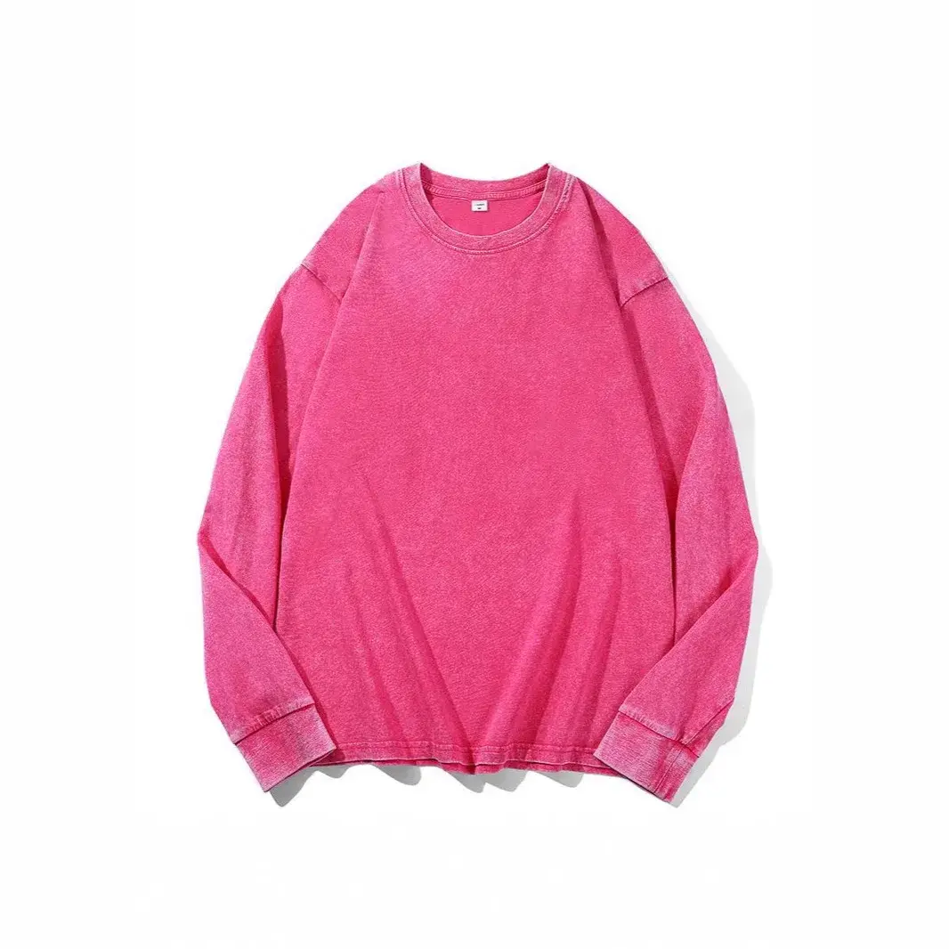 Retro American Washed Cotton Long Sleeve T-Shirt Loose Fit Crew Neck Casual Top Breathable Spring Wear Made in China