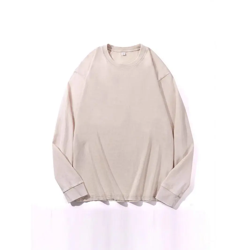 Retro American Washed Cotton Long Sleeve T-Shirt Loose Fit Crew Neck Casual Top Breathable Spring Wear Made in China