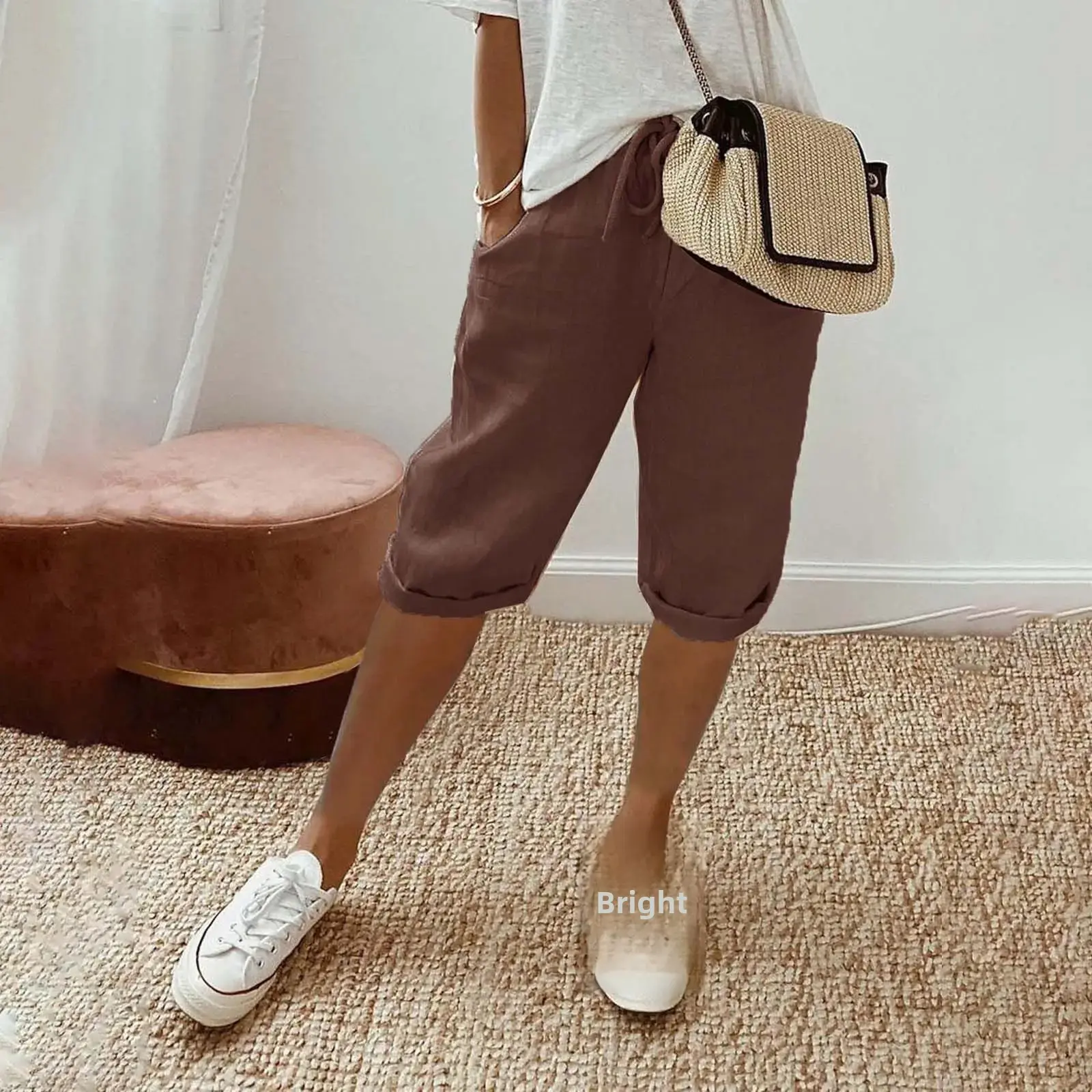 Casual Cotton Linen Women's Pants Elastic Waist Five-Quarter Length with Pockets Comfortable Loose Fit Trousers for Ladies