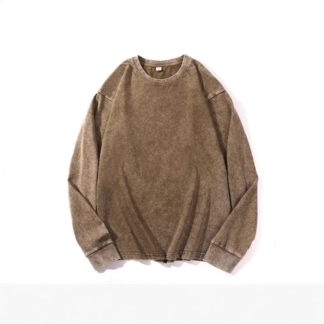 Retro American Washed Cotton Long Sleeve T-Shirt Loose Fit Crew Neck Casual Top Breathable Spring Wear Made in China