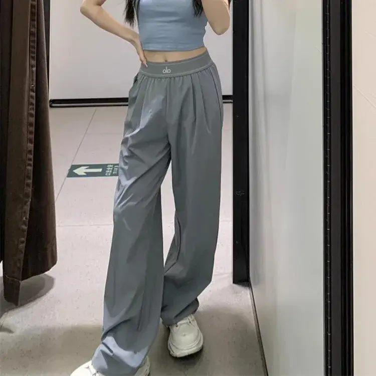 Quick Dry Printed Elastic Waist Loose Fit Sports Lightweight Spring Summer Straight Leg Long Pants Wide Leg Trousers