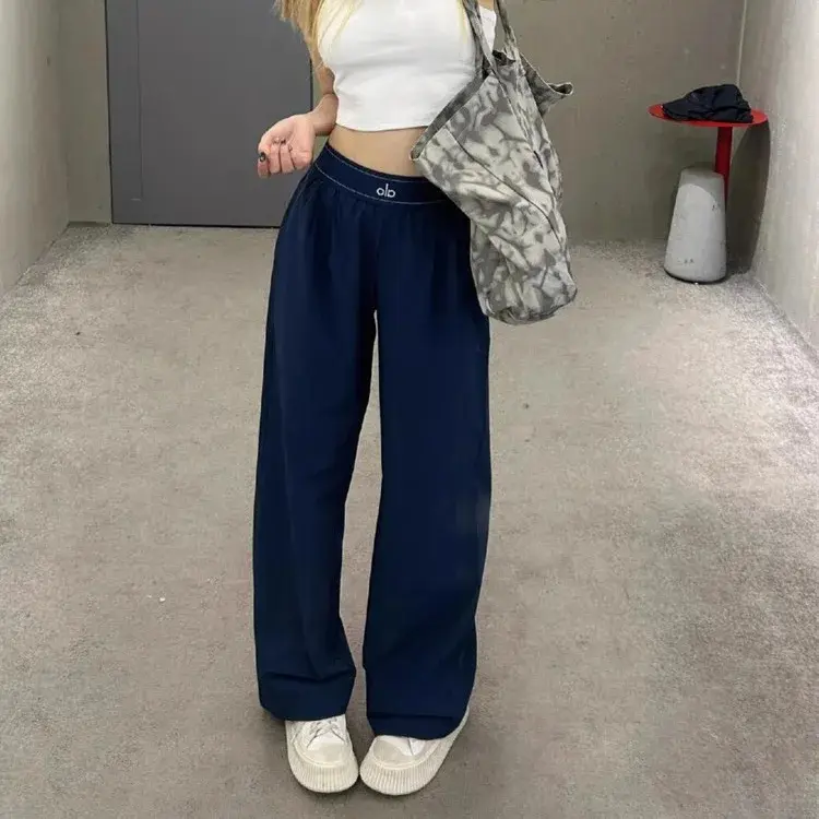 Quick Dry Printed Elastic Waist Loose Fit Sports Lightweight Spring Summer Straight Leg Long Pants Wide Leg Trousers