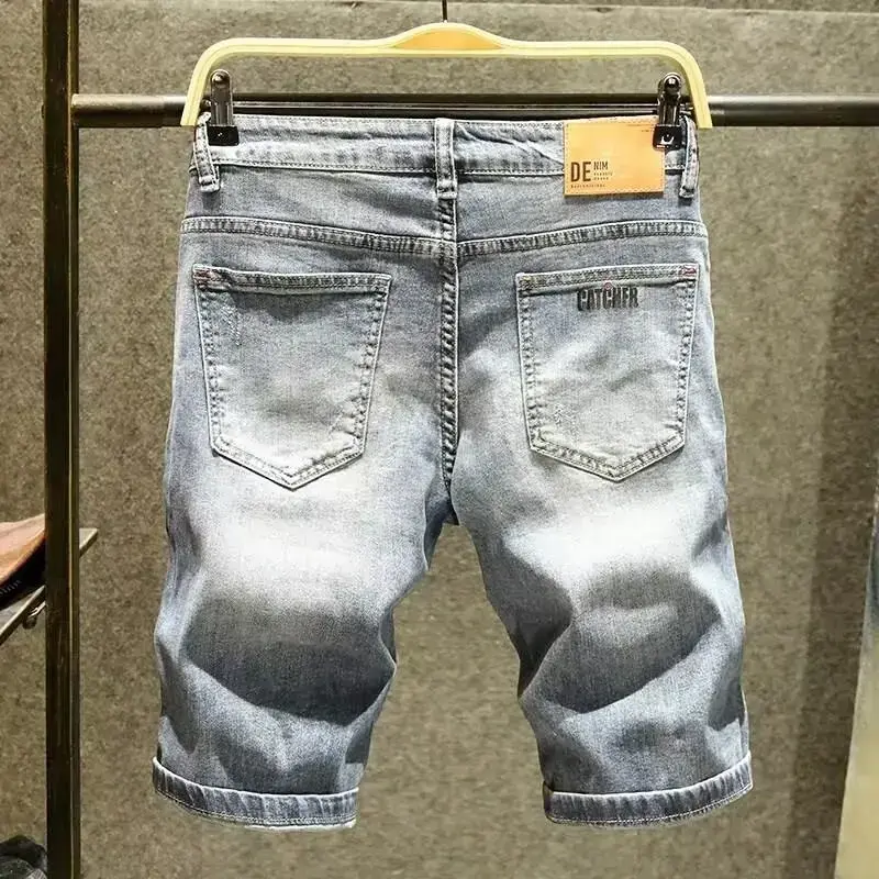 2024 Summer Denim Mid Waist Trendy Brand Printing Vintage Retro Wash Korean Style Slims Smooths Silhouette Minute Shorts Man