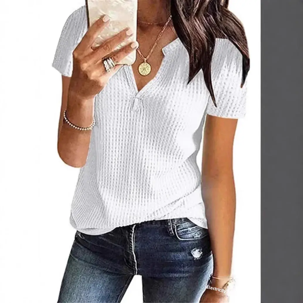 New Summer 2025 Women's T-shirt Pure Color Short Sleeve V-neck Waffle Pattern Top Quality Nylon Material Comfortable Fit