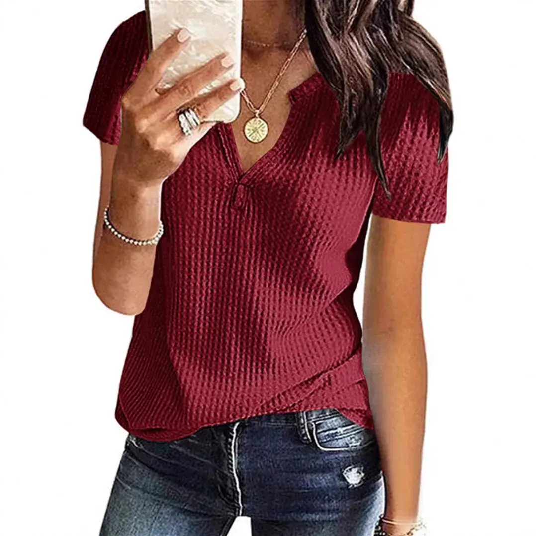 New Summer 2025 Women's T-shirt Pure Color Short Sleeve V-neck Waffle Pattern Top Quality Nylon Material Comfortable Fit