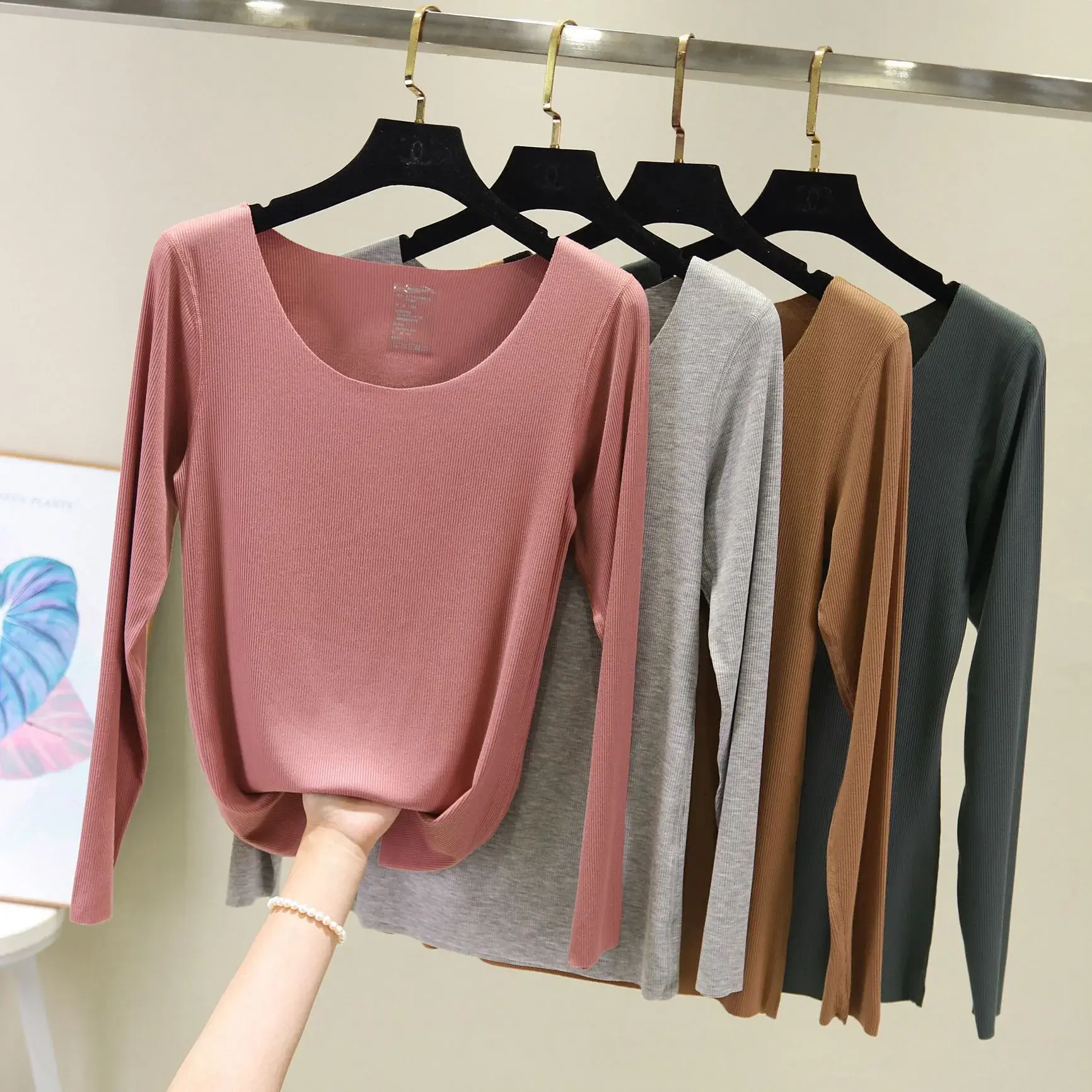Spring Summer Screw Thread Long Sleeve Base Layer Women's T-Shirt Plus Size Seamless Thin Style Solid Color Top For Face Mask