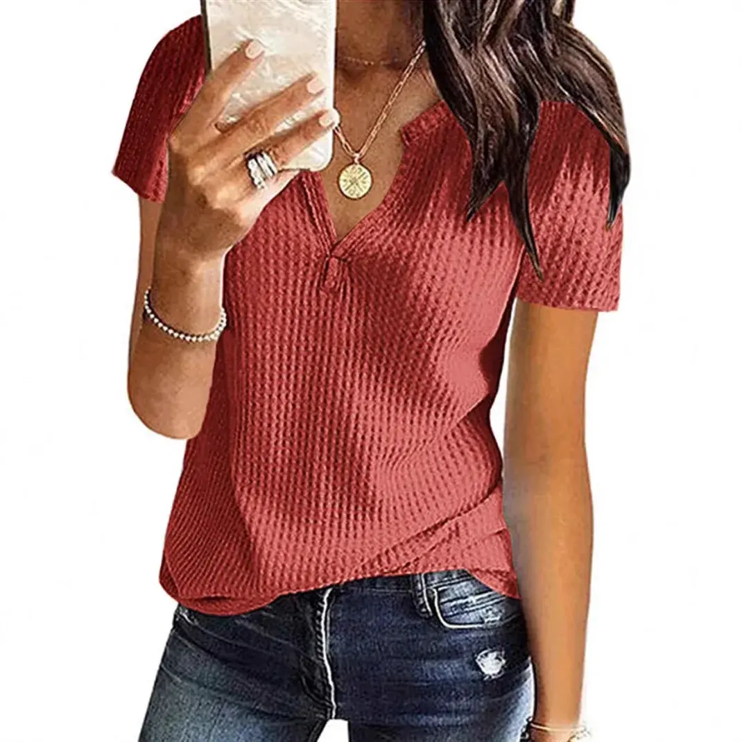 New Summer 2025 Women's T-shirt Pure Color Short Sleeve V-neck Waffle Pattern Top Quality Nylon Material Comfortable Fit