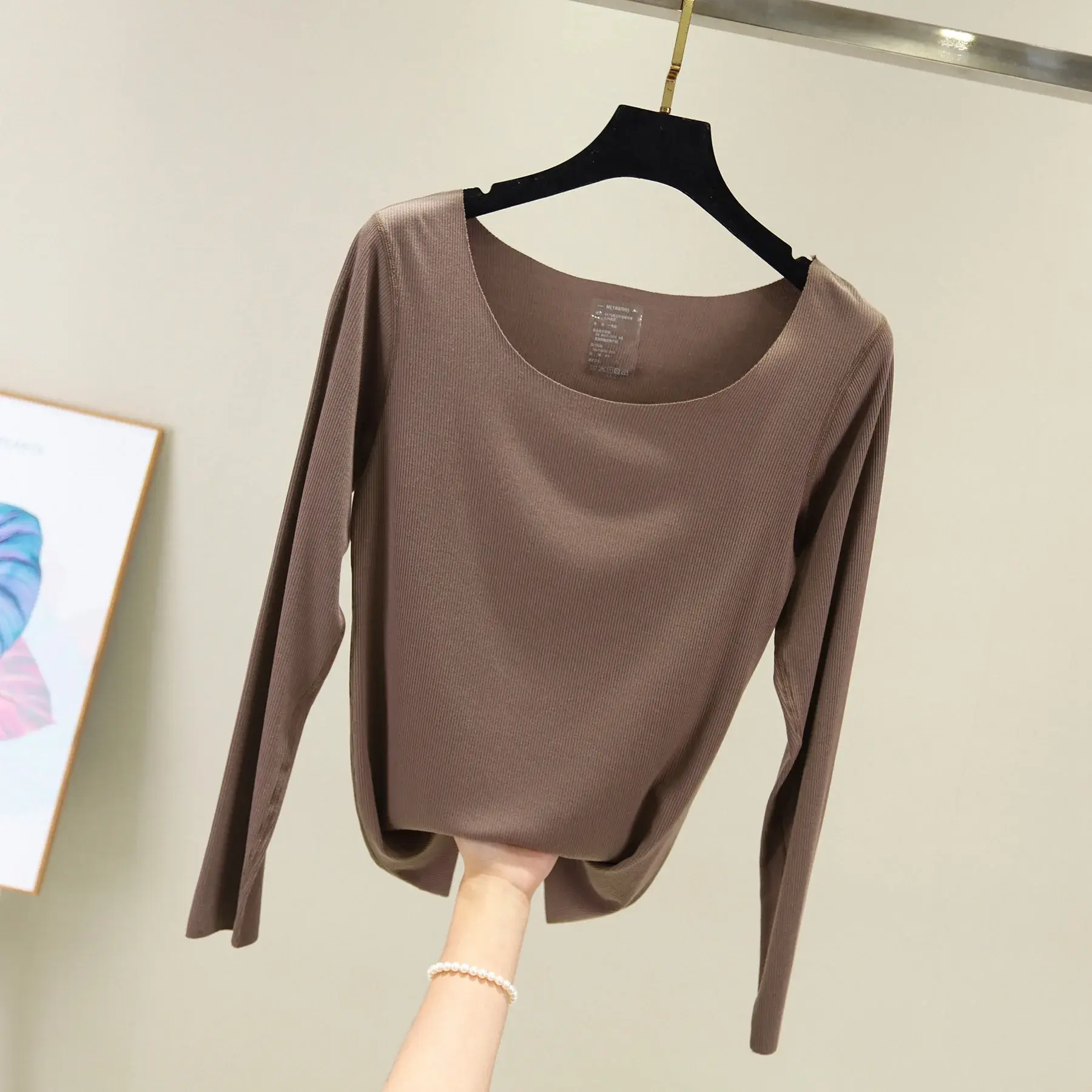Spring Summer Screw Thread Long Sleeve Base Layer Women's T-Shirt Plus Size Seamless Thin Style Solid Color Top For Face Mask
