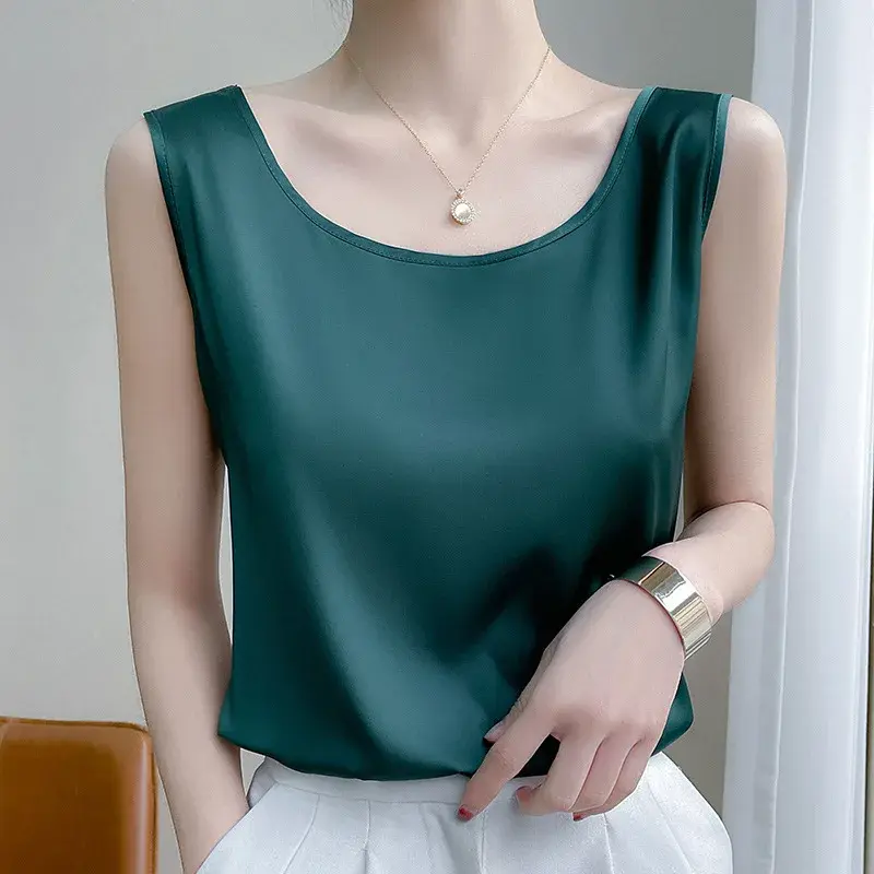 Summer Women's Sleeveless Satin Vest round Neckline Fashionable Strap Top Loose Fit Base Layer Outerwear Bottoming