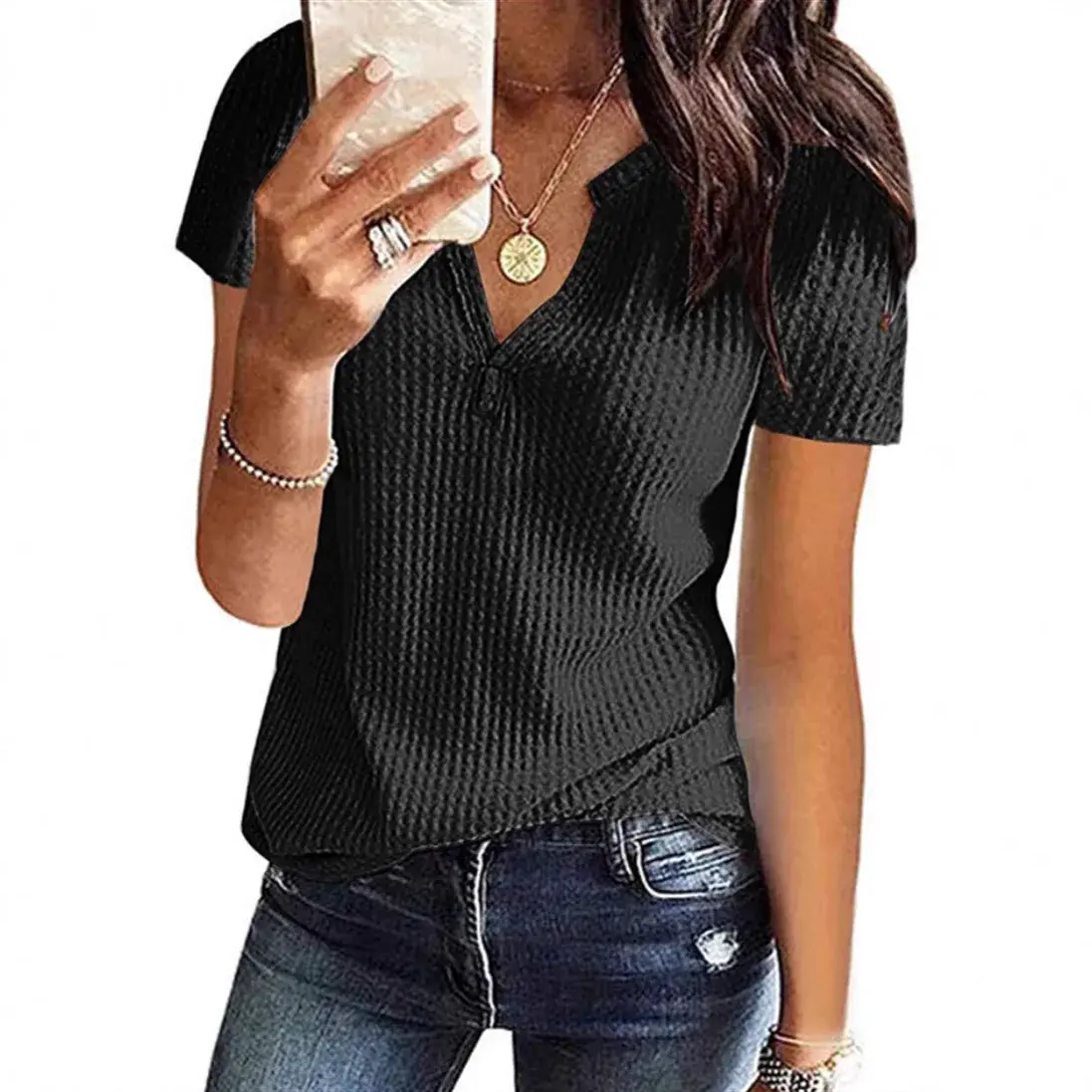New Summer 2025 Women's T-shirt Pure Color Short Sleeve V-neck Waffle Pattern Top Quality Nylon Material Comfortable Fit