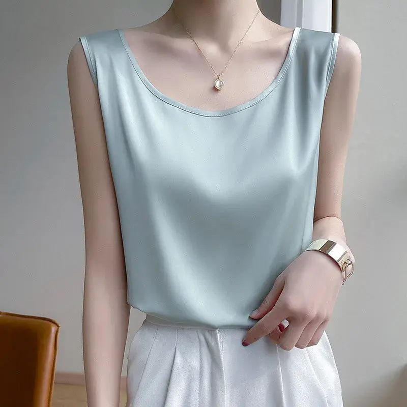 Summer Women's Sleeveless Satin Vest round Neckline Fashionable Strap Top Loose Fit Base Layer Outerwear Bottoming
