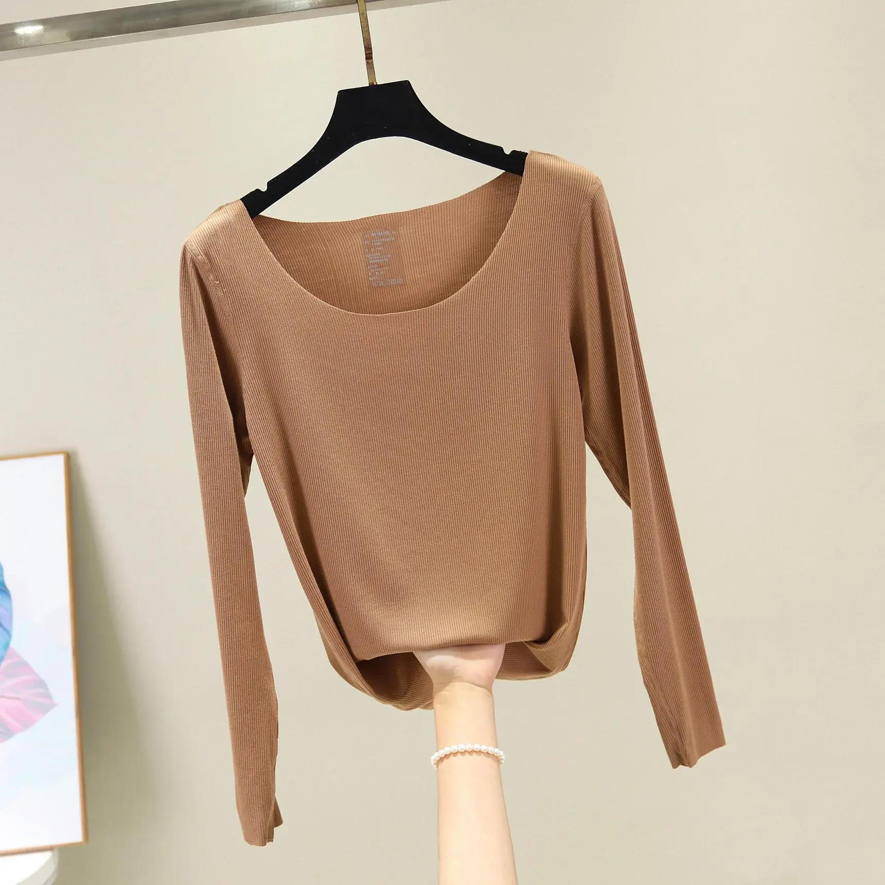 Spring Summer Screw Thread Long Sleeve Base Layer Women's T-Shirt Plus Size Seamless Thin Style Solid Color Top For Face Mask