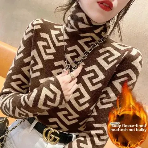 Warm Plaid Long Sleeve T-Shirt Women's Fashionable Base Layer Shirt Autumn Winter Seasonal High Collar Polyester Fiber Top