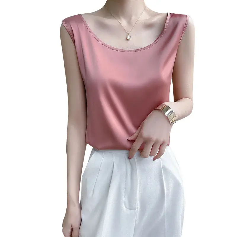Summer Women's Sleeveless Satin Vest round Neckline Fashionable Strap Top Loose Fit Base Layer Outerwear Bottoming