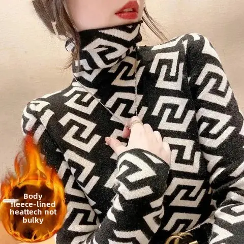 Warm Plaid Long Sleeve T-Shirt Women's Fashionable Base Layer Shirt Autumn Winter Seasonal High Collar Polyester Fiber Top