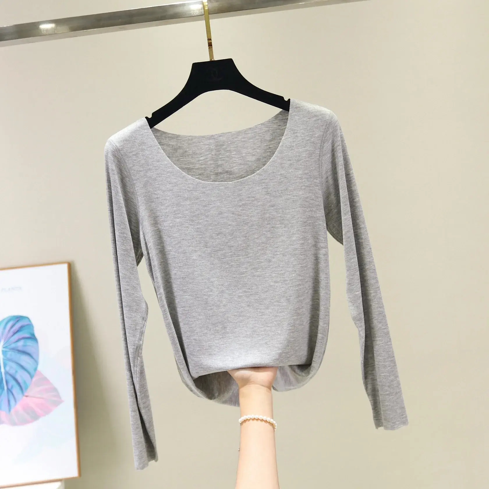 Spring Summer Screw Thread Long Sleeve Base Layer Women's T-Shirt Plus Size Seamless Thin Style Solid Color Top For Face Mask