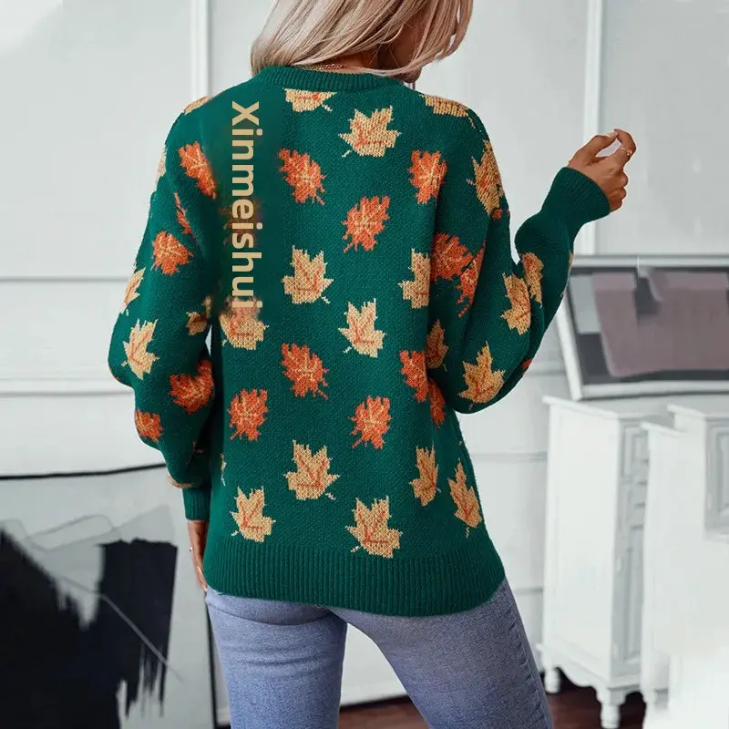 Autumn Winter Women's Knitted Sweater Leaf Pattern Crew Neck Pullover Casual Fashion Cross-Border Clothing Knitwear