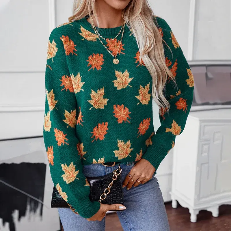 Autumn Winter Women's Knitted Sweater Leaf Pattern Crew Neck Pullover Casual Fashion Cross-Border Clothing Knitwear