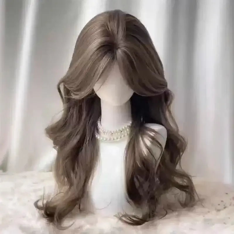 Natural Long Curl Wig Women's Parting Synthetic Hair Full Head Cover Medium Split Front Bangs High Forehead Top up Hair