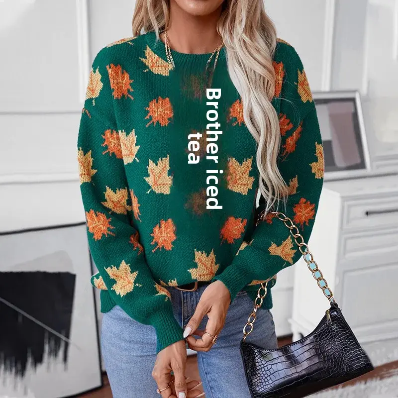 Autumn Winter Women's Knitted Sweater Leaf Pattern Crew Neck Pullover Casual Fashion Cross-Border Clothing Knitwear