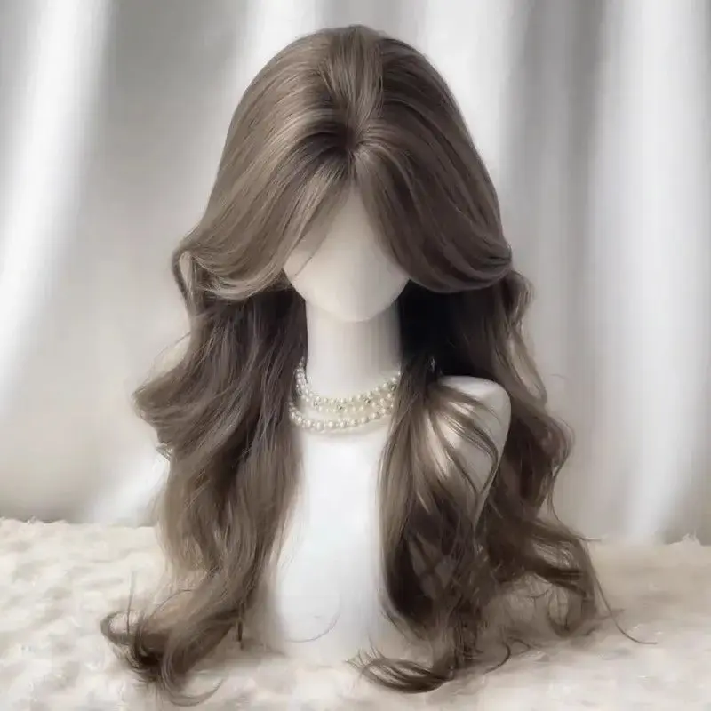 Natural Long Curl Wig Women's Parting Synthetic Hair Full Head Cover Medium Split Front Bangs High Forehead Top up Hair