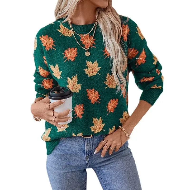 Autumn Winter Women's Knitted Sweater Leaf Pattern Crew Neck Pullover Casual Fashion Cross-Border Clothing Knitwear