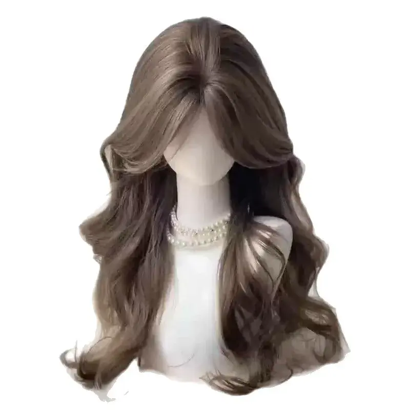 Natural Long Curl Wig Women's Parting Synthetic Hair Full Head Cover Medium Split Front Bangs High Forehead Top up Hair
