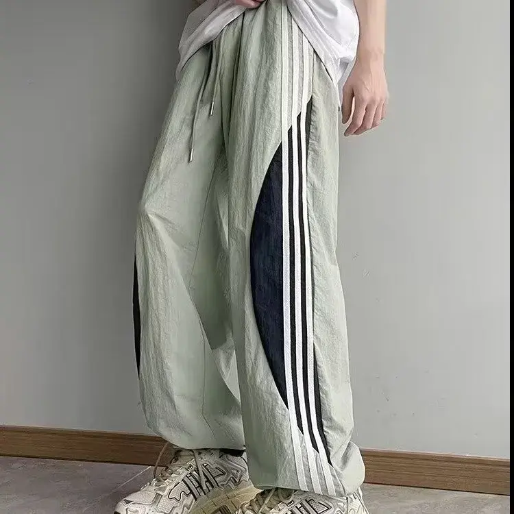 Quick-Drying Men's Straight-Leg Casual Pants Summer Thin Style Three-Stripe Color Blocking Loose Fit American Style Sport Paratr