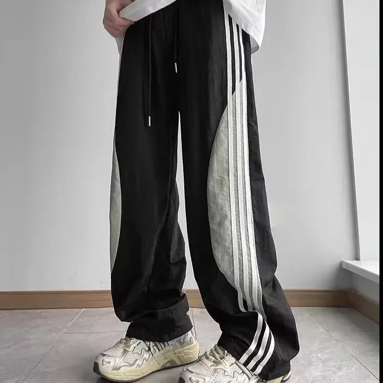 Quick-Drying Men's Straight-Leg Casual Pants Summer Thin Style Three-Stripe Color Blocking Loose Fit American Style Sport Paratr
