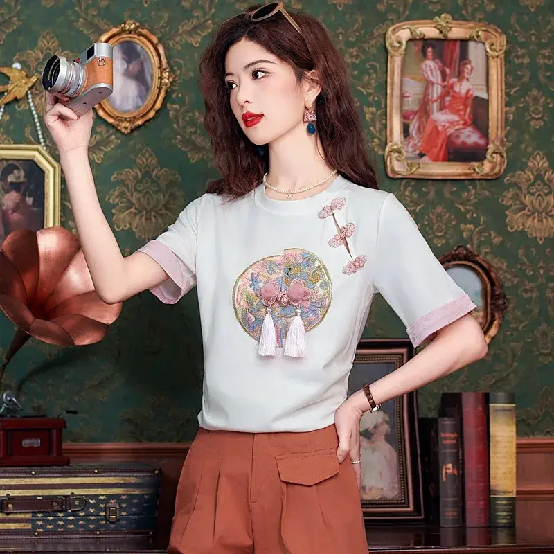 Chic Chinese Style Embroidered Short Sleeve T-Shirt For Women Spring Summer Petite Buttoned Waist-Fitted Slimming Top Trendy