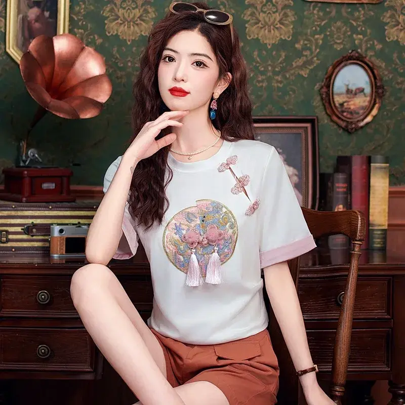 Chic Chinese Style Embroidered Short Sleeve T-Shirt For Women Spring Summer Petite Buttoned Waist-Fitted Slimming Top Trendy