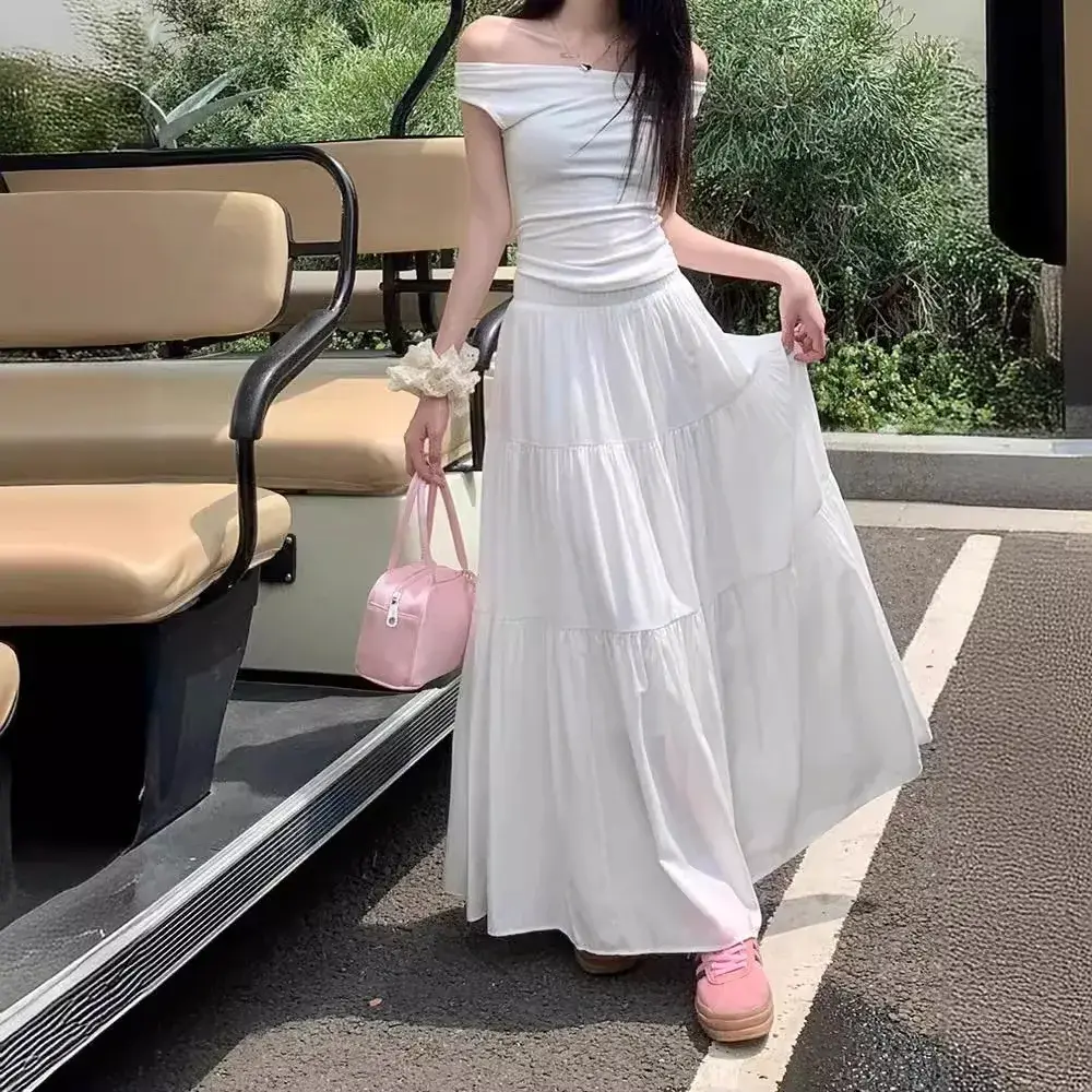 Plus Size Women's White Pleated Skirt A- Line Midi Skirt Flared Umbrella Skirt Polyester Fiber Zipper Decoration Pure Color