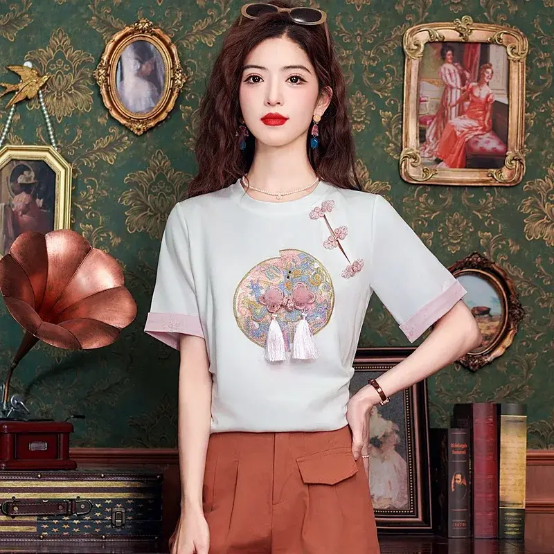 Chic Chinese Style Embroidered Short Sleeve T-Shirt For Women Spring Summer Petite Buttoned Waist-Fitted Slimming Top Trendy
