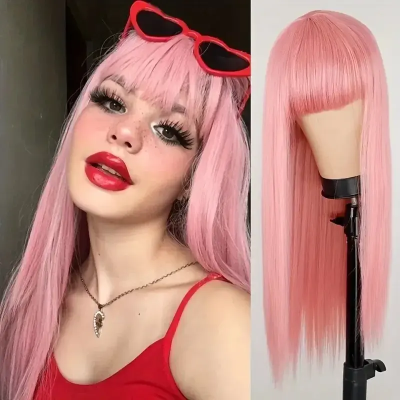 Long Straight Orange Blonde Fashionable Bangs Wig Women High Temperature Silk Head Cover Hair Extension Full Head Cover