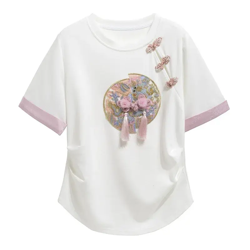 Chic Chinese Style Embroidered Short Sleeve T-Shirt For Women Spring Summer Petite Buttoned Waist-Fitted Slimming Top Trendy