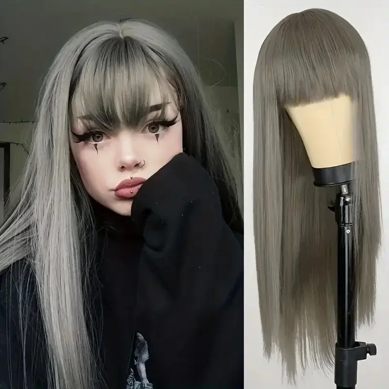 Long Straight Orange Blonde Fashionable Bangs Wig Women High Temperature Silk Head Cover Hair Extension Full Head Cover