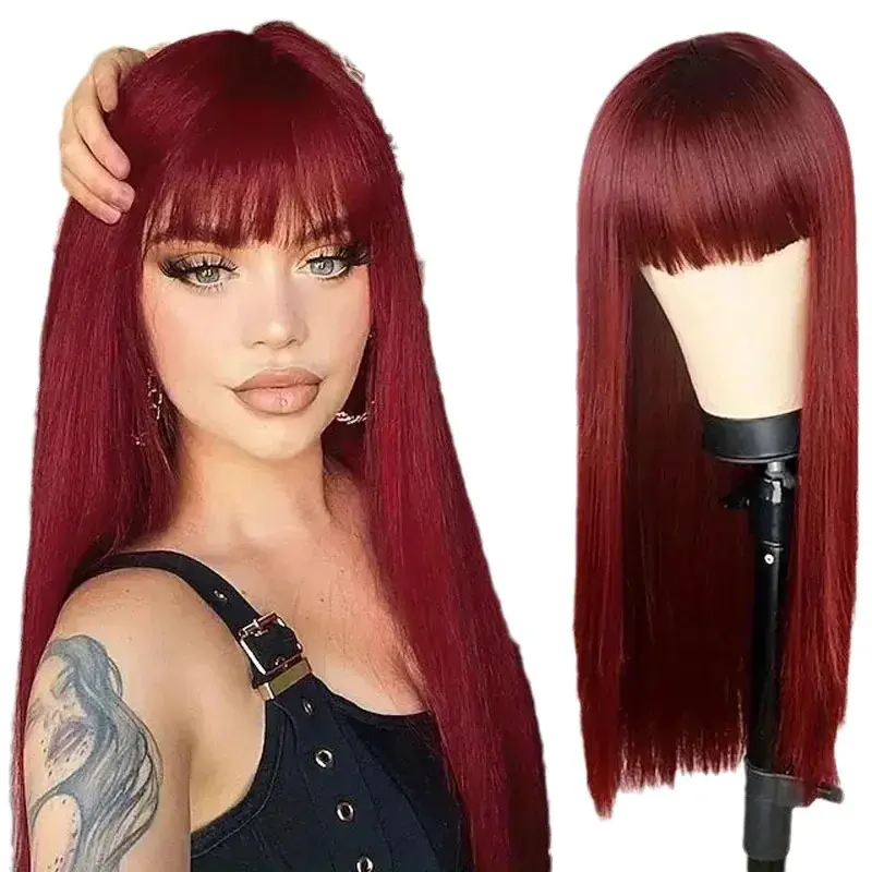 Long Straight Orange Blonde Fashionable Bangs Wig Women High Temperature Silk Head Cover Hair Extension Full Head Cover