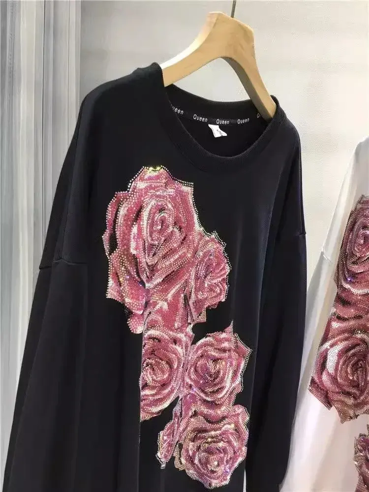 Women's Sweatshirt Light Luxury Flower Round Neck Slimming Long Sleeve Pullover Top For Heavy Duty Work