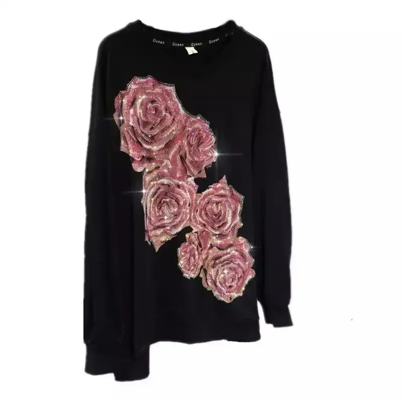 Women's Sweatshirt Light Luxury Flower Round Neck Slimming Long Sleeve Pullover Top For Heavy Duty Work