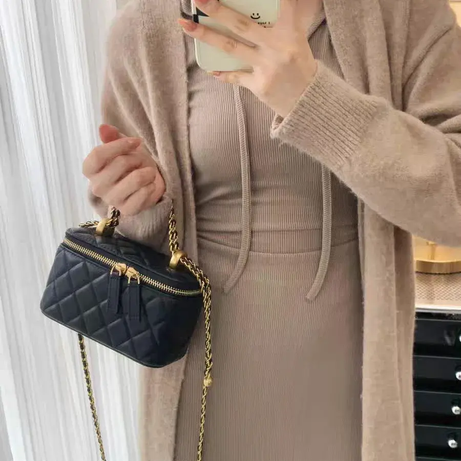 Tweed Style Genuine Leather Women's Bag Gold Ball Argyll Chain Bag High-End Feel Lipstick Crossbody Small Square Bag