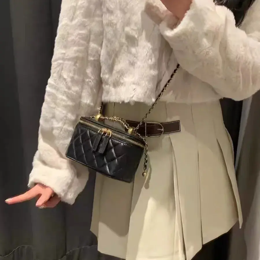 Tweed Style Genuine Leather Women's Bag Gold Ball Argyll Chain Bag High-End Feel Lipstick Crossbody Small Square Bag
