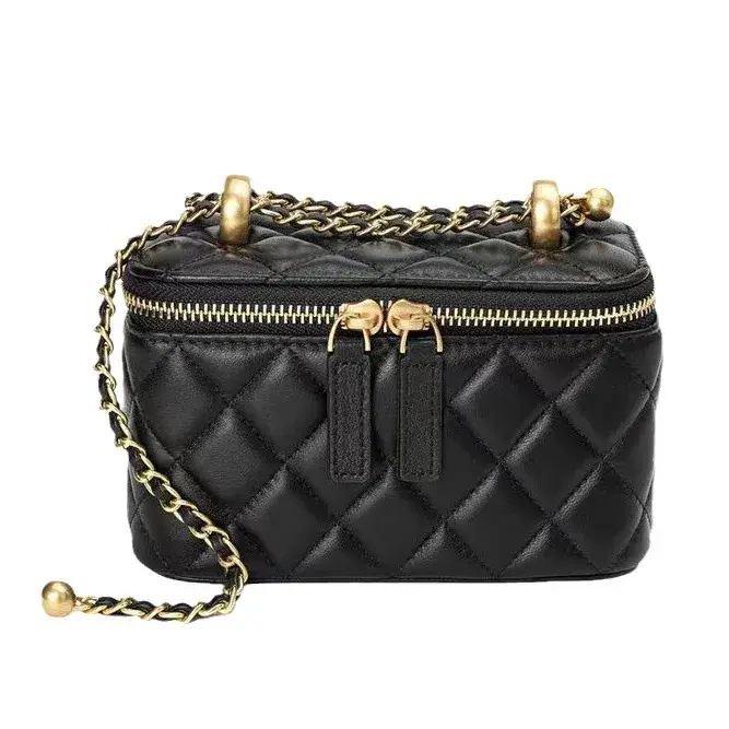 Tweed Style Genuine Leather Women's Bag Gold Ball Argyll Chain Bag High-End Feel Lipstick Crossbody Small Square Bag