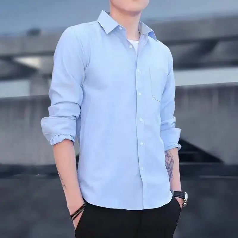 Men's Spring Autumn Long Sleeve Shirt Slimming Casual Business Oxford Cloth Grey Short Sleeve Shirt Square Collar