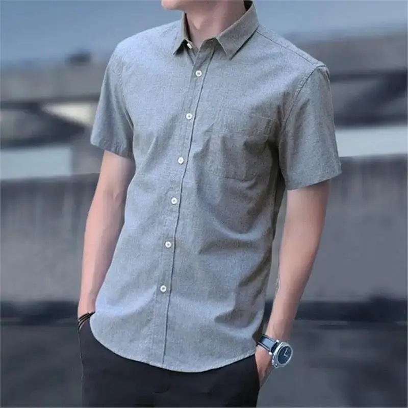Men's Spring Autumn Long Sleeve Shirt Slimming Casual Business Oxford Cloth Grey Short Sleeve Shirt Square Collar