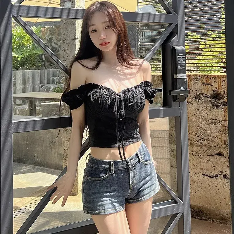 American Retro Blue Grey Denim Shorts Women Summer Sexy Slimming Versatile Spicy Low Waist Tight Hot Pants Knitted Cotton