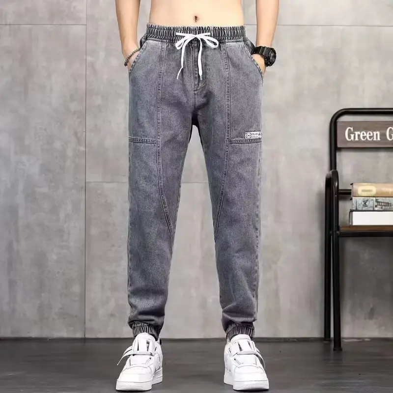 Spring Autumn New Men's Jeans Trendy Brand Casual Loose Fit Versatile Drawstring Harem Pants Fashionable Workwear Trousers