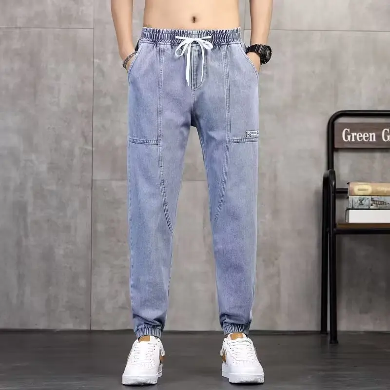 Spring Autumn New Men's Jeans Trendy Brand Casual Loose Fit Versatile Drawstring Harem Pants Fashionable Workwear Trousers